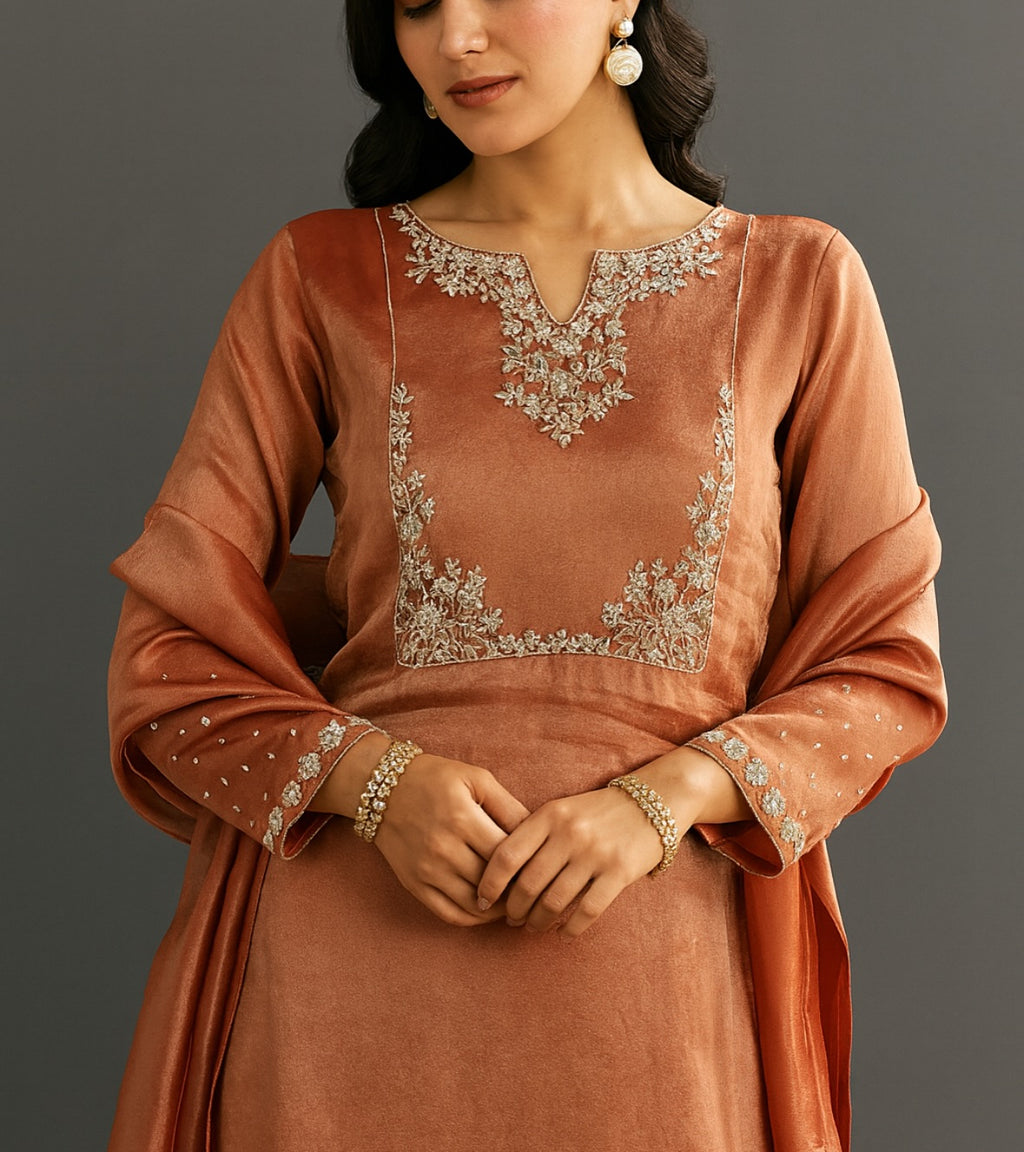 Peach Zari Kurta Set