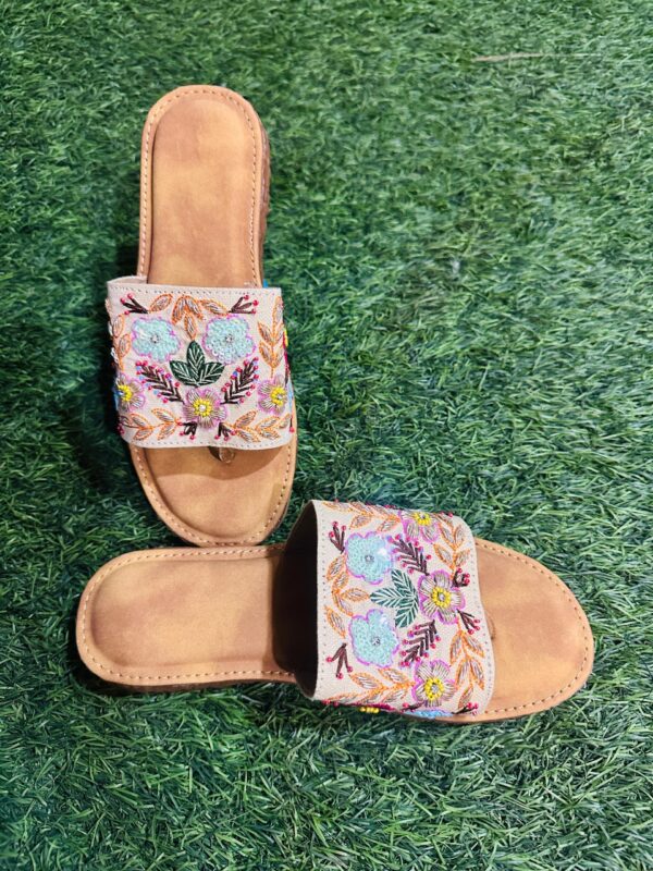 Beige Floral Hand Work Doctor Sole Slippers - Image 3