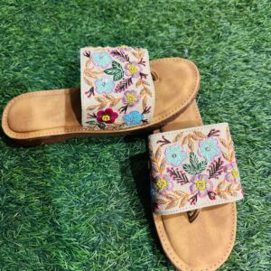 Beige Floral Hand Work Doctor Sole Slippers