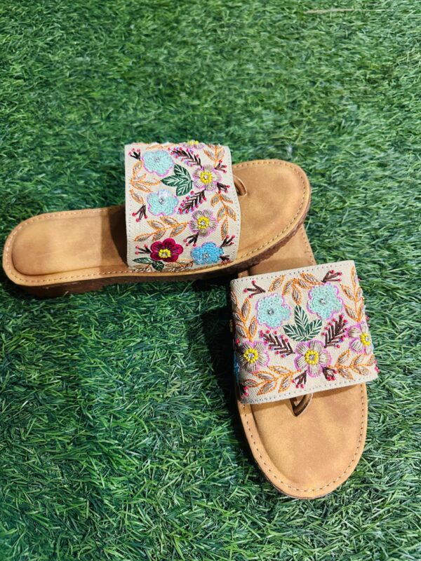 Beige Floral Hand Work Doctor Sole Slippers - Image 2