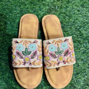 Beige Floral Hand Work Doctor Sole Slippers