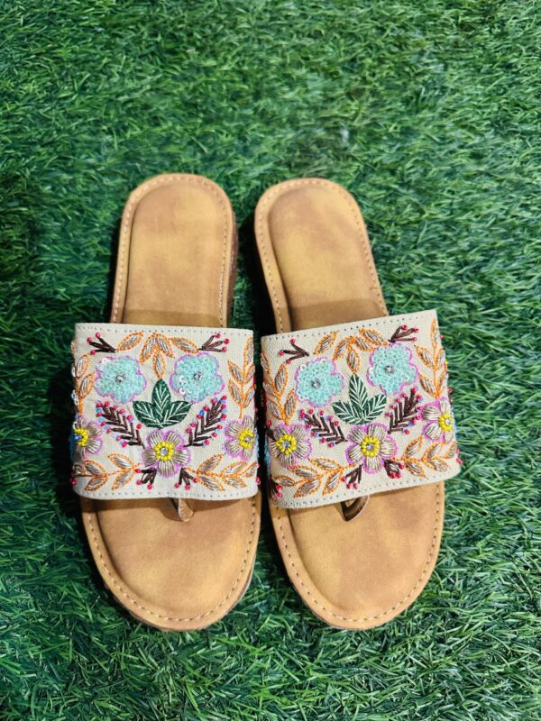 Beige Floral Hand Work Doctor Sole Slippers