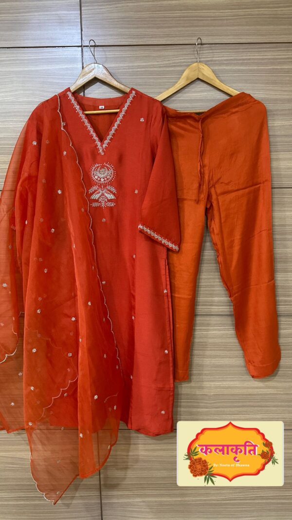 Orange Modal Silk Embroidered Suit Set With Tissue Dupatta