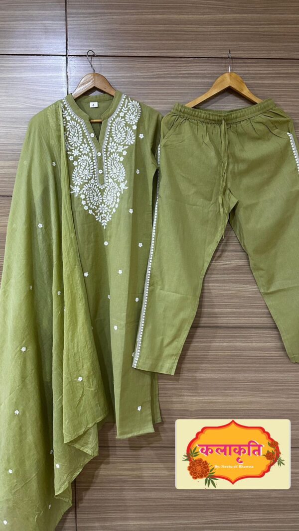 Green Mul Cotton Lucknowi Suit Set