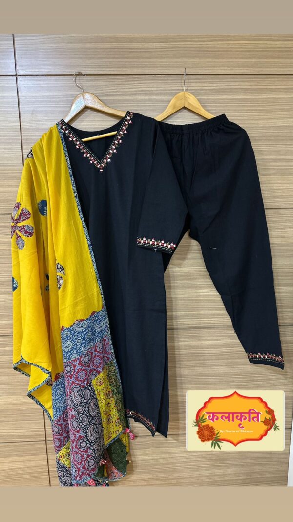 Black Pure Cotton V Neck Suit Set With Patch Work Dupatta