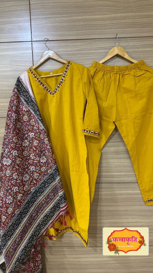 Yellow Cotton V Neck Suit Set With Ajrakh Dupatta