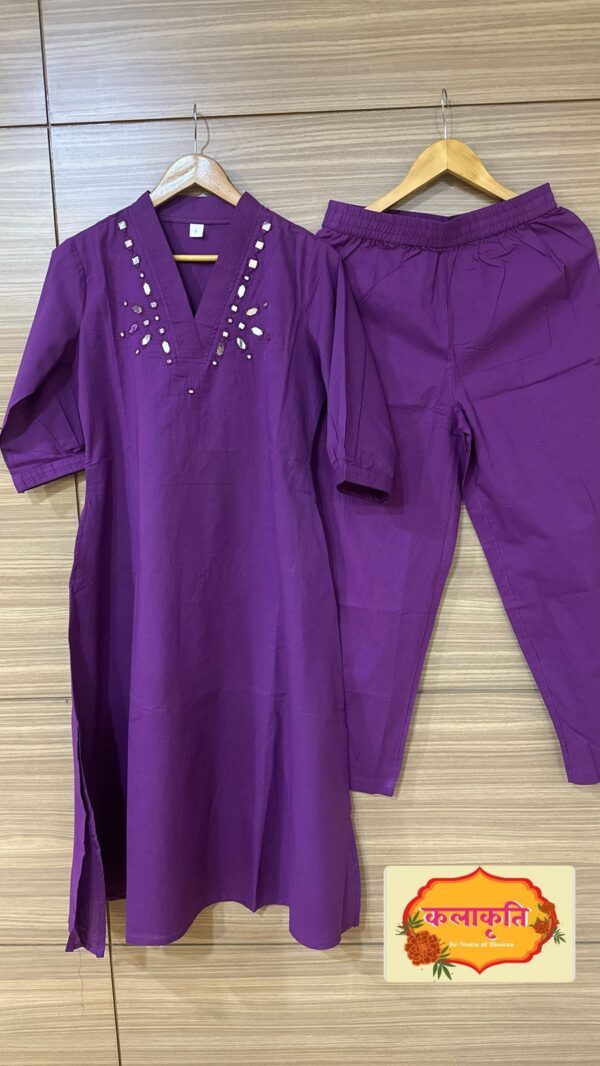 Purple Mirror Work V Neck Coord Set